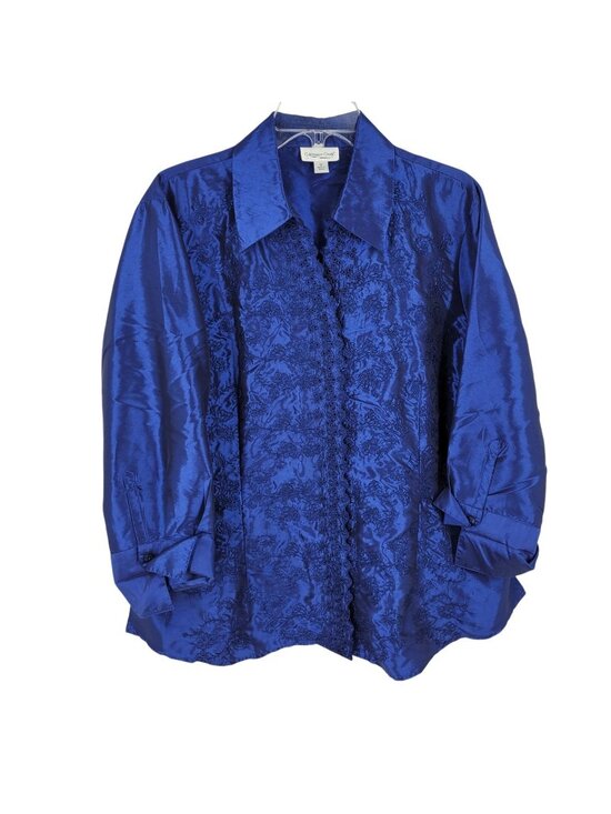 Coldwater Creek Tops - Coldwater Creek 1X Blue Button Up Blouse Embroidered Dressy Elegant Evening